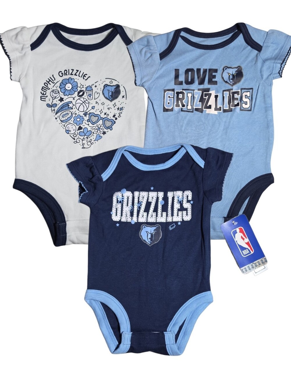 Memphis Grizzlies Infant 3-Pack Bodysuits - Navy, Light Blue, White NWT